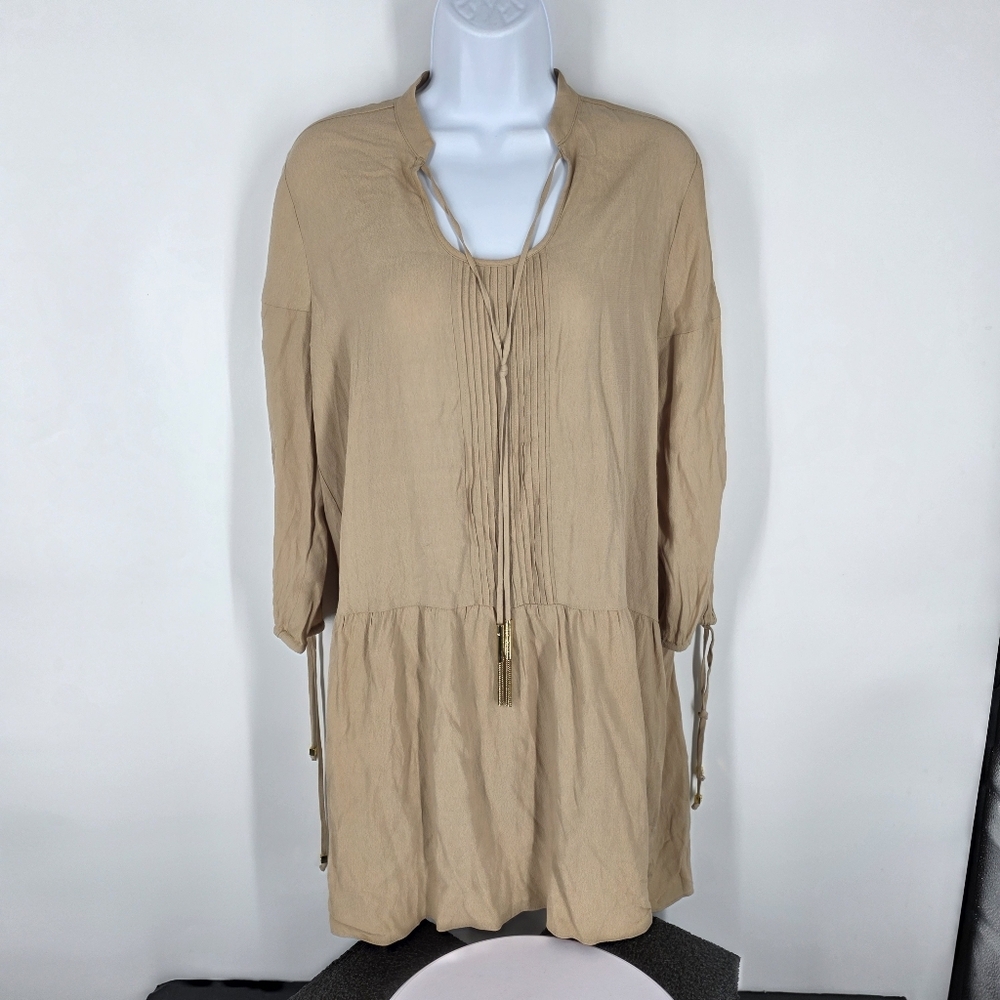 Michael Kors Women 6 Light brown Beige Drop Waist Dress Tassel Shift Pintuck